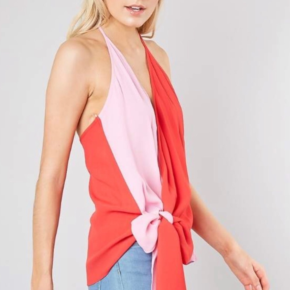 Adorable Pink and Red Colorblock Halter Top